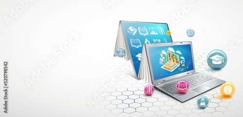 Laptop as a book. The concept of learning. Online education. Vector Illustration
