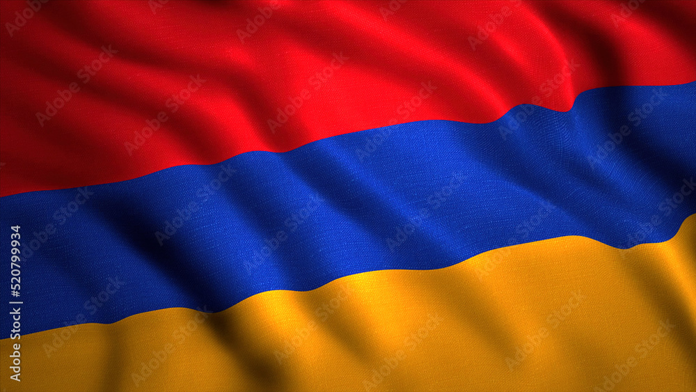 The flag of Armenia.Motion. A tricolor flag consisting of red blue and orange shades that sways as if in the wind
