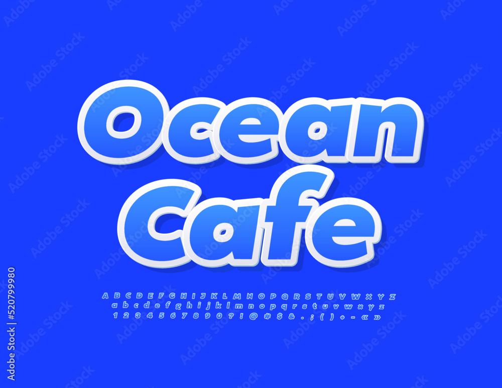 Vector business logo Ocean Cafe. Blue creative Font. Comic style set of Alphabet Letters and Numbers