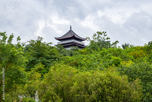View of beautiful greenery and ancient buildings in the park
