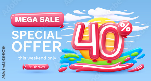 Mega sale special offer, Stage podium percent 40, Simmer time lifestyle, happy banner travel. Vector