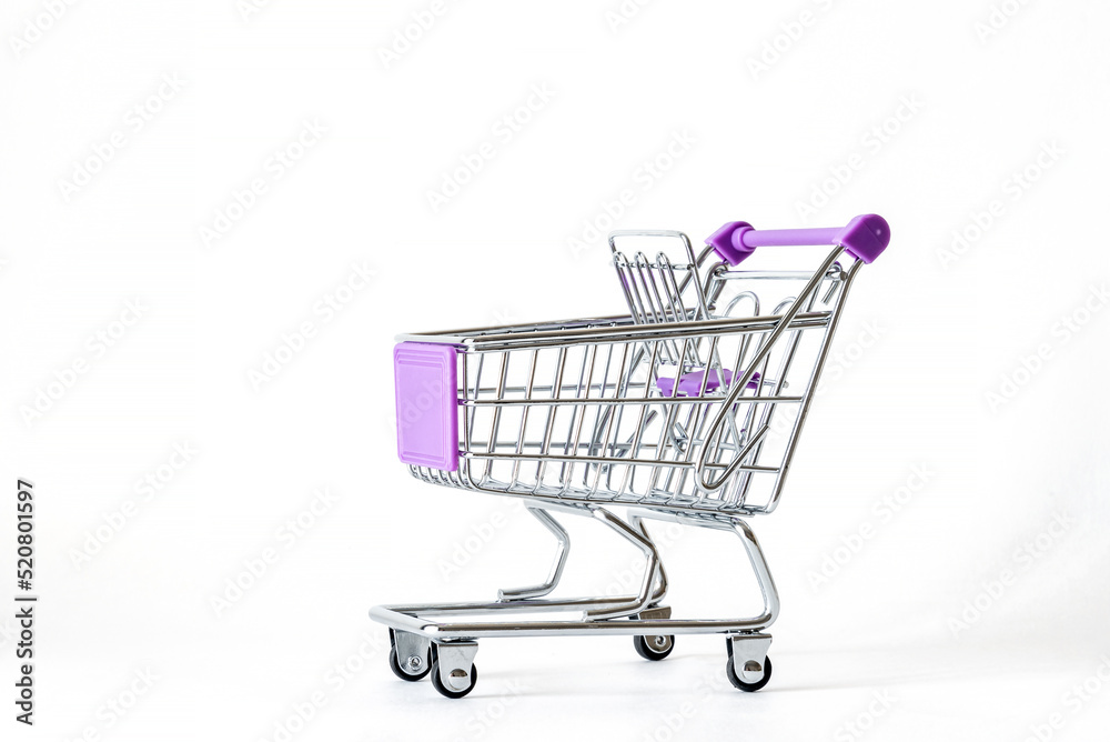 Toy shopping cart on white background.