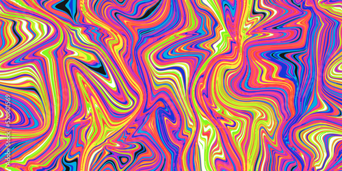 Purple and yellow psychedelic seamless marble pattern with hallucination swirls. Vector liquid acrylic texture. Flow art. Trippy 70s textile background. Simple artistic effect. Groovy design