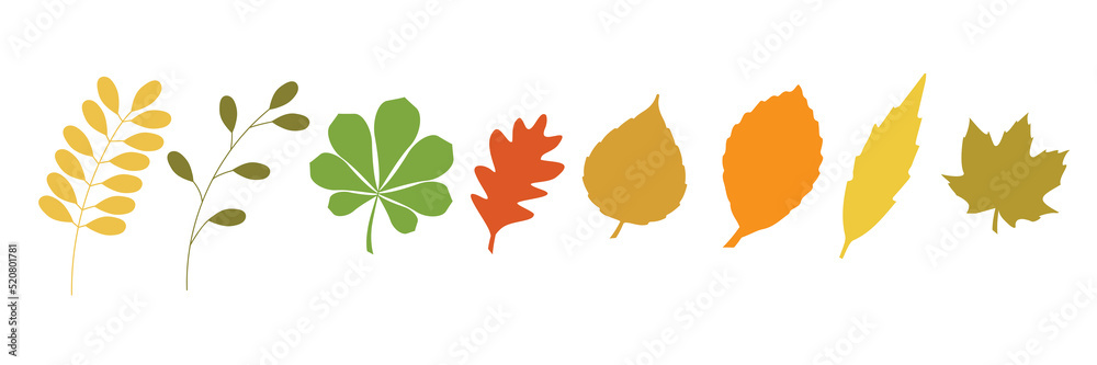 Autumn leaves set, isolated on white background. Simple cartoon flat style. Isolated vector illustration. Design for stickers, logo, web and mobile app. Autumn leaves set, isolated on white background. Simple cartoon flat style. Isolated vector illustration. Design for stickers, logo, web and mobile app.