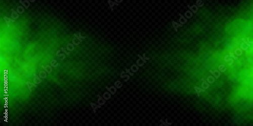 Green smoke or mist isolated on transparent background. Realistic green bad smell. Magic mist cloud. Chemical toxic gas. Realistic vector illustration