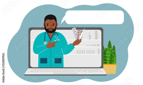 Online consultation or feedback concept. Laptop with a picture of a male pharmacist with medicines in his hand.