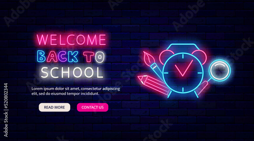 Welcome back to school neon signboard. WEbsite landing page template. Alarm clock with stationery. Vector illustration