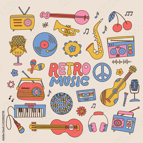 Set of retro music players, cassette recorder, headphones, , vintage turntable, cassette, musical instruments and vinyl plate. Hand drawn vector illustration isolated in modern 70s vintage style.