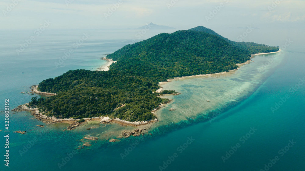 Aerial drone view of coastal scenery at Besar Island or Pulau Besar in Mersing, Johor, Malaysia Aerial drone view of coastal scenery at Besar Island or Pulau Besar in Mersing, Johor, Malaysia