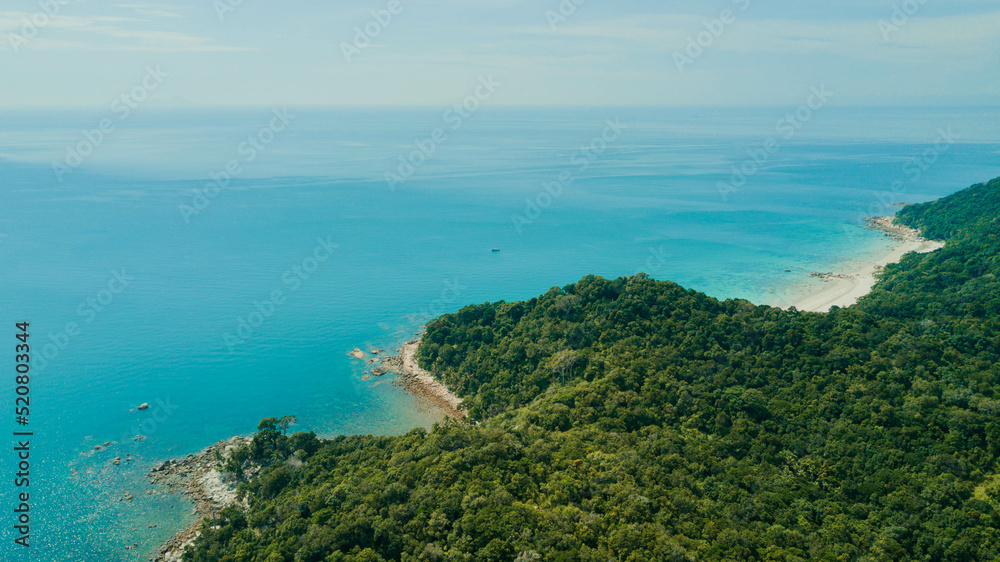 Aerial drone view of coastal scenery at Besar Island or Pulau Besar in Mersing, Johor, Malaysia Aerial drone view of coastal scenery at Besar Island or Pulau Besar in Mersing, Johor, Malaysia