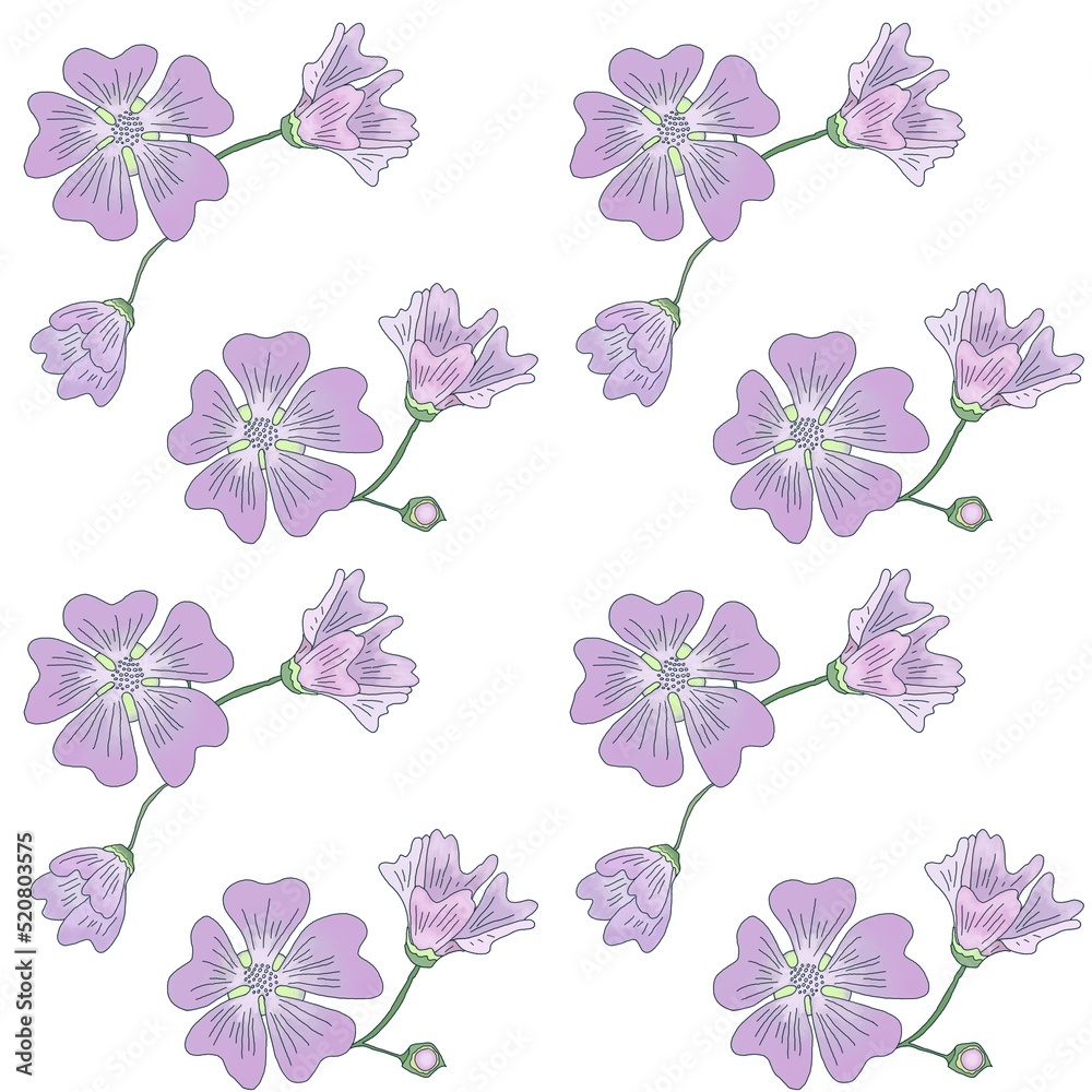 seamless pattern of pink flowers of lianas, hand-drawn botanical illustration in a flat style