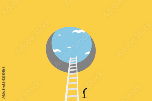 businessman looking up at a ladder solution. Symbol of challenge and problem solution.