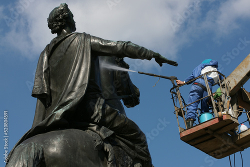 Russia. Saint-Petersburg. The Bronze Horseman is a monument to Peter the Great on the Senate Square. Washing the monument.