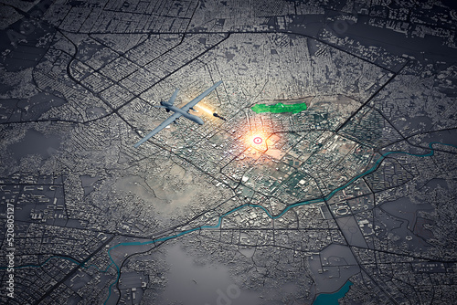 Satellite view of Kabul. U.S. Drone Strike Kills Ayman al-Zawahri, Top Qaeda Leader. Afghanistan. Drone with missile, military target. 3d rendering