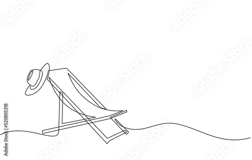 Continuous line drawing of summer vacation concept, sandy beach, beach umbrella, lounge chairs, straw hat, sunglasses and flip flops on tropical beach in single line doodle style. Editable strokes.