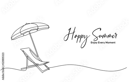 Continuous line drawing of summer vacation concept, sandy beach, beach umbrella, lounge chairs, straw hat, sunglasses and flip flops on tropical beach in single line doodle style. Editable strokes.