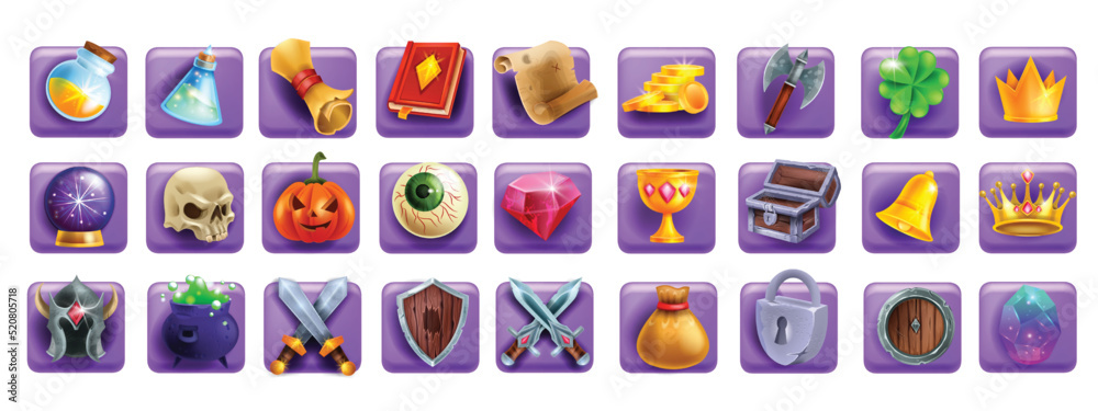 3D game icon set, magic UI badge kit, golden coin, witch potion, slot machine cartoon element, book. Reward resource object, sword shield, defence skill, warrior weapon. Fantasy game icon collection