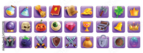 3D game icon set, magic UI badge kit, golden coin, witch potion, slot machine cartoon element, book. Reward resource object, sword shield, defence skill, warrior weapon. Fantasy game icon collection