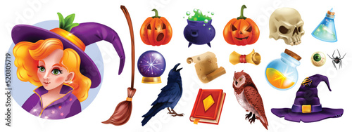 Game alchemical icon set, witch face, vector magic UI object, broomstick, wizard cauldron, potion. Crystal ball, creepy eye, skull, divination old book, Halloween pumpkin. Magic object collection