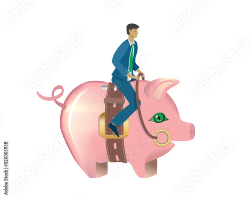 Man riding on pink piggy bank with belt. Isolated on white background. Concept expenses. Vector illustration.