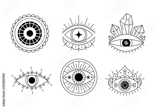 Evil eyes collection. Magic witchcraft eye talisman, magical esoteric eyes line art