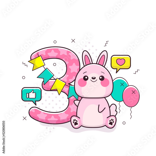 3 year birthday invitation or greeting with cute bunny
