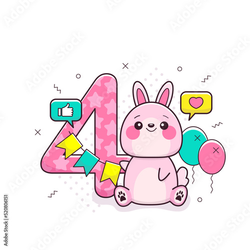 4 year birthday invitation or greeting with cute bunny