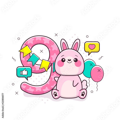 9 year birthday invitation or greeting with cute bunny