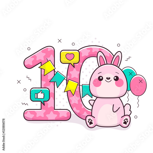 10 year birthday invitation or greeting with cute bunny