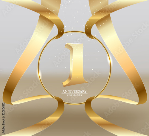 celebration of the 1st anniversary. Gold numbers with shiny gold confetti and gold ribbons.