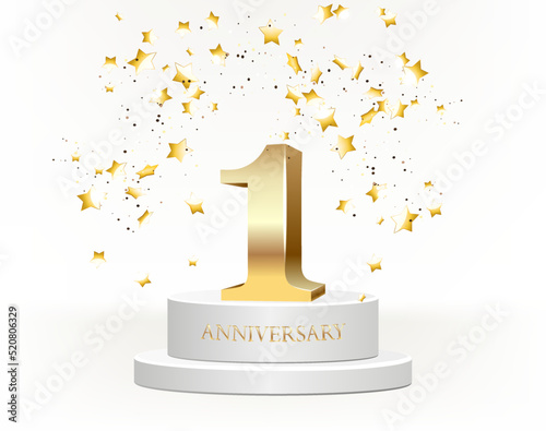 First place vector illustration. First anniversary celebration. Number one on pedestal web banner.