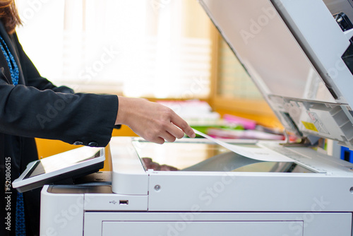 businesswoman using photocopier printer scanner laser office copy machine supplies start concept