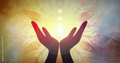 A silhouette of female human hands with a kaleidoscopic background