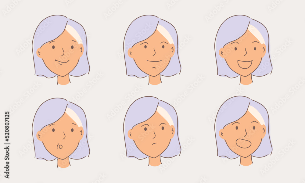 Set of female facial emotions. Female avatar expressions. Set of female facial emotions. Female avatar expressions.