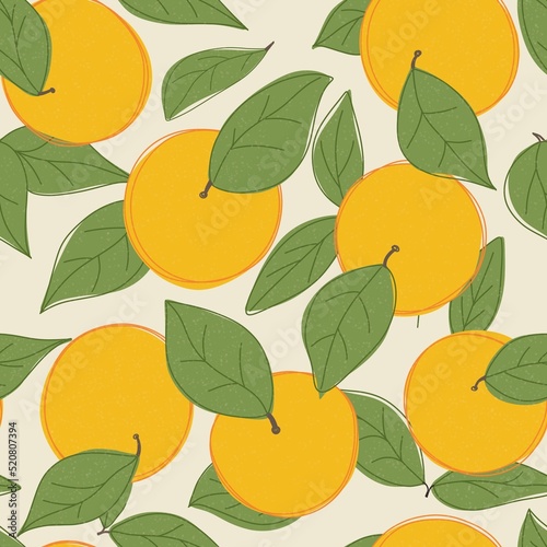 Seamless pattern with oranges leaves texture, handdrawn 