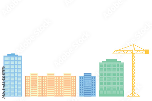 High-rise buildings and a construction crane are located at a distance from each other  a vector in a flat style  isolate on white  building