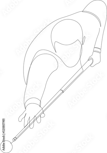 Single line drawing of young man playing pool billiards at billiard room. Indoor sport recreational game concept. Modern continuous line draw design. Vector illustration.