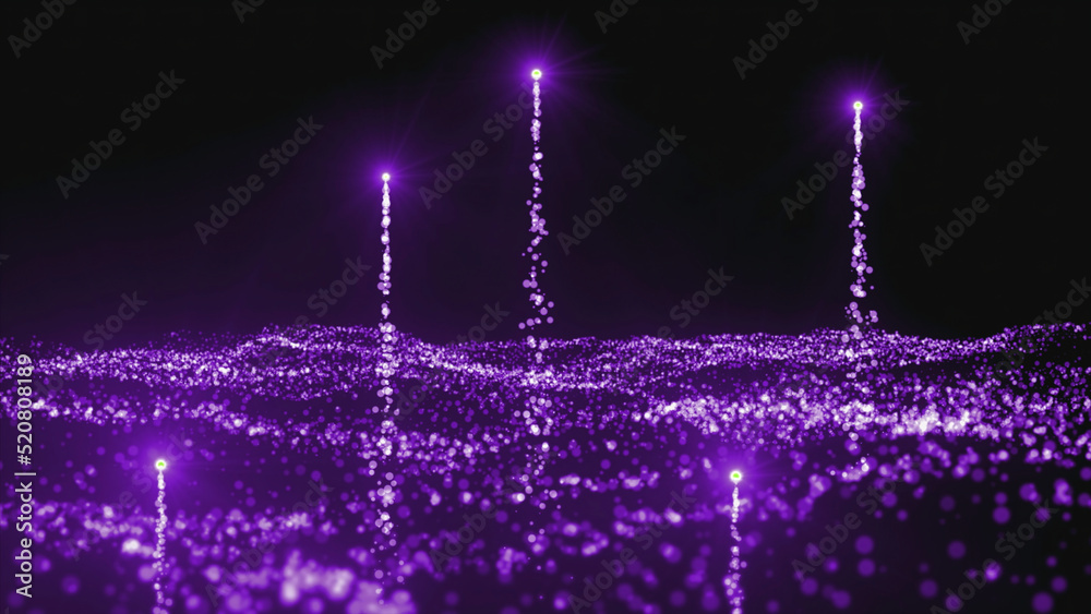 Glowing stars rise in stream of particles. Motion. Magical glowing particles rise from wavy stream. Beautiful rising stars in luminous stream of dots