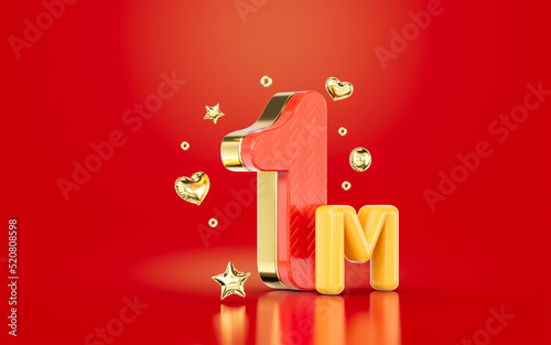 red golden number 1m one million social media followers Subscribers celebration 3d render photo