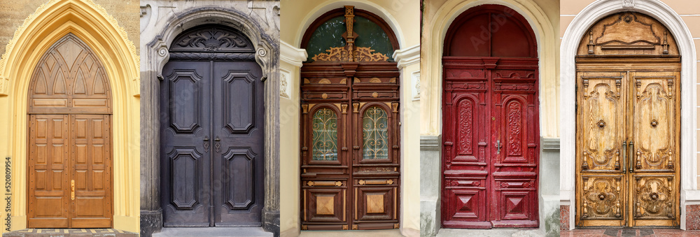 Collage with many different entrance doors - obrazy, fototapety, plakaty 