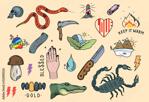 Illustration tattoo colored, doodle and vintage icons 