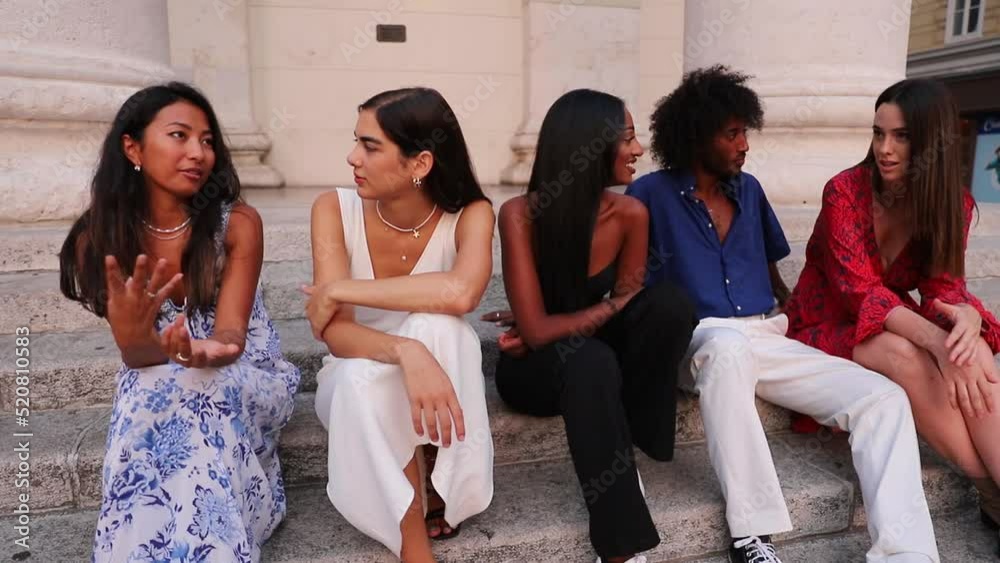 A group of young friends of different ethnic backgrounds chatting on the stairs. A group of young friends of different ethnic backgrounds chatting on the stairs.