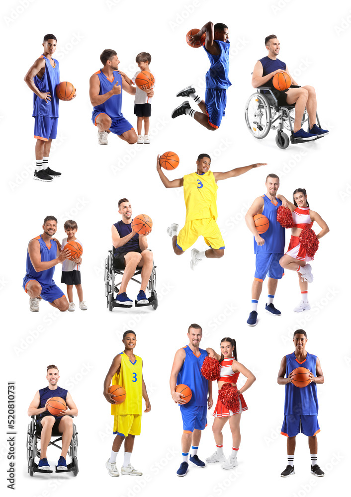 Set of different basketball players on white background