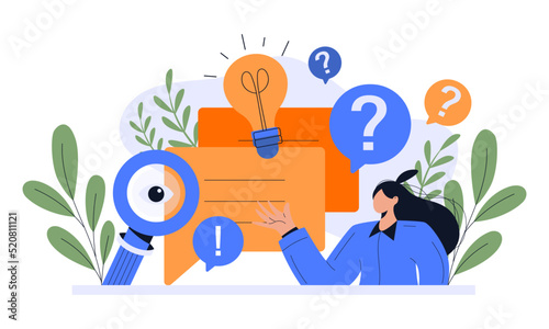 FAQ concept illustration. people looking through magnifying glass at interrogation point. searching solutions, useful information, customer support, solving problem. Vector illustration