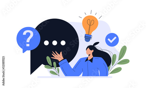 FAQ concept illustration. people looking through magnifying glass at interrogation point. searching solutions, useful information, customer support, solving problem. Vector illustration