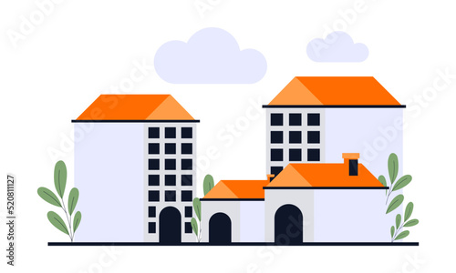 Flat vector illustration of urban road landscape street with city office house buildings. Vector illustration © Guna Studio