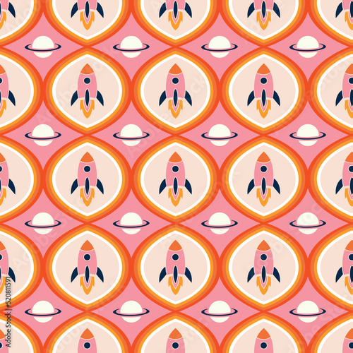 Retro rocket pattern in pink, orange and beige with wavy vintage background. Vector illustration inspired by 60s geometric surface design