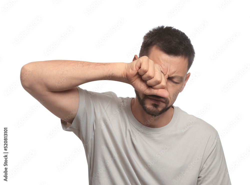 Man suffering from eyestrain on white background Man suffering from eyestrain on white background