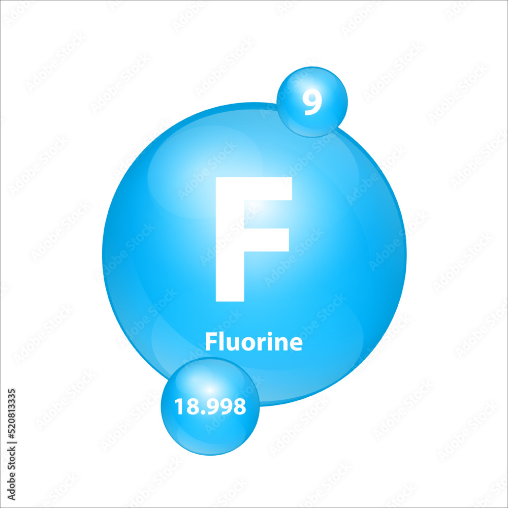 Fluorine (F) icon structure chemical element round shape circle light blue. Chemical element of periodic table Sign with atomic number. Study in science for education. 3D Illustration vector. Fluorine (F) icon structure chemical element round shape circle light blue. Chemical element of periodic table Sign with atomic number. Study in science for education. 3D Illustration vector.