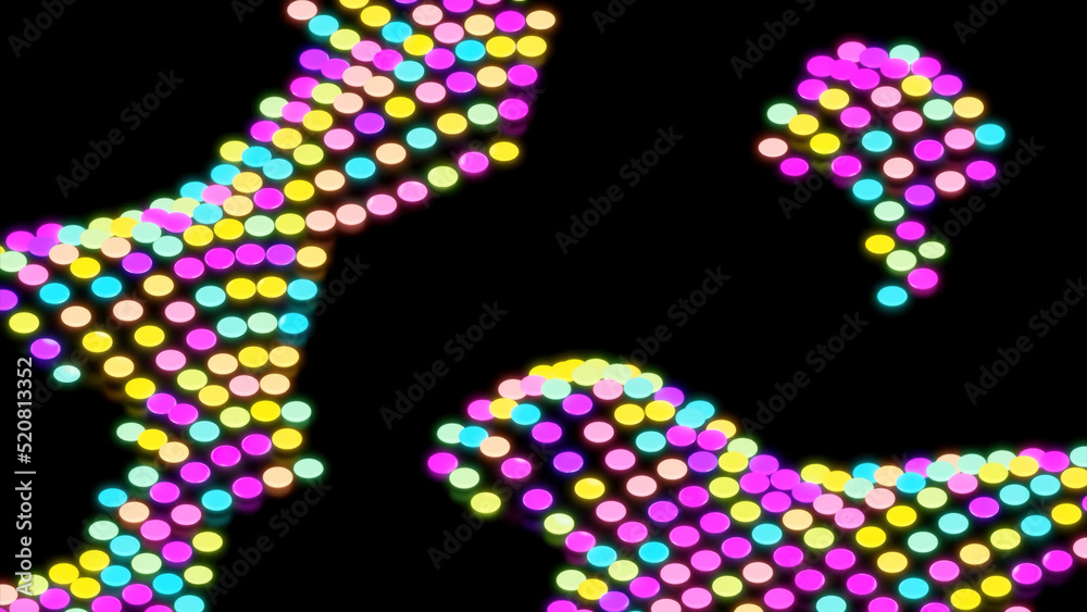 Colorful dots moving in spots on black background. Design. Moving spots of multicolored dots on black surface. Colorful dots move in spots in retro style